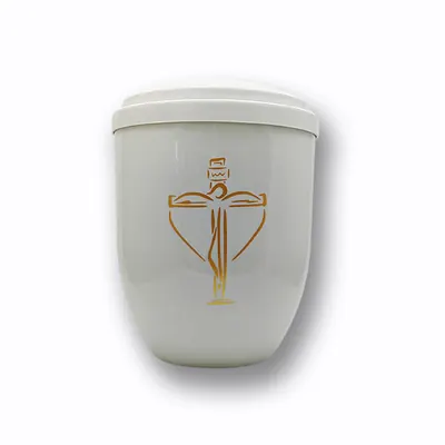 Affordable and Meaningful: Plastic Human Ash Urn in White with Cross Symbol (ref PAWHITE)