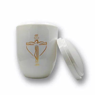 Affordable and Meaningful: Plastic Human Ash Urn in White with Cross Symbol (ref PAWHITE) side view