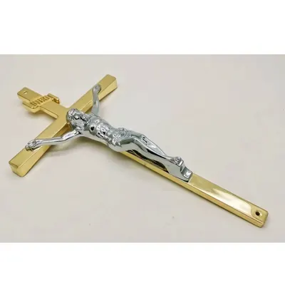 Funeral Supplies Casket Decoration 11.5” Metal crucifix and Cross 8038 in Gold color detail view