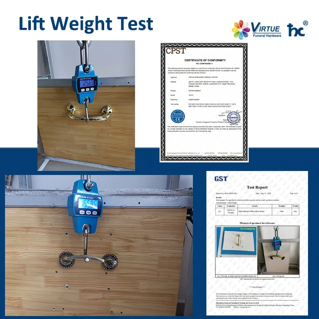Coffin handle under load on the lift weight test rig with the recorded test report, at the Virtue Hardware Co., Ltd factory